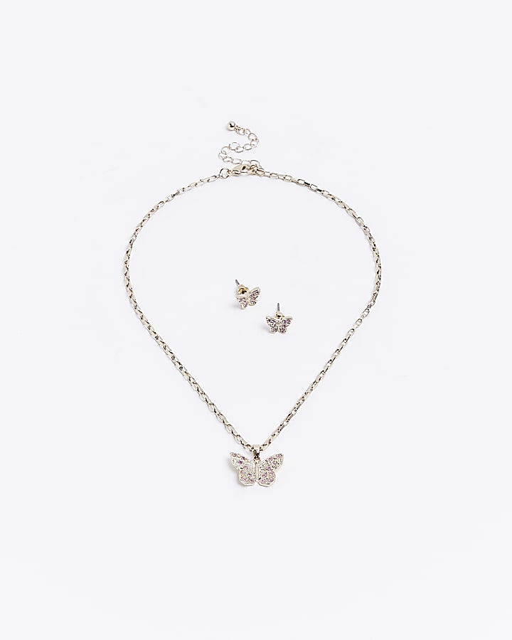 Girls Gold Diamante Butterfly Necklace Set
