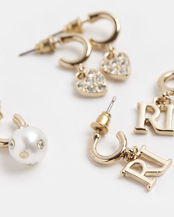 Girls Gold Diamante Drop Earrings Multipack