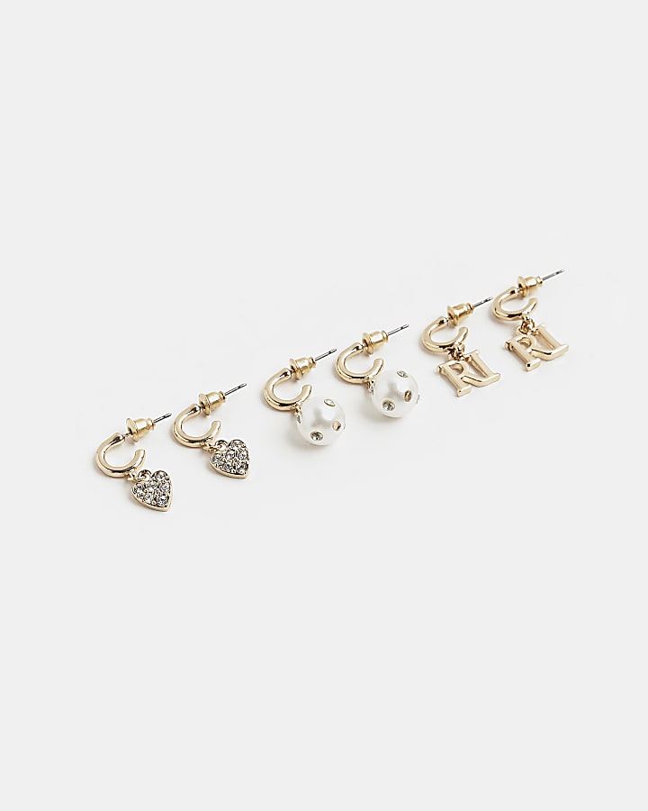 Girls Gold Diamante Drop Earrings Multipack