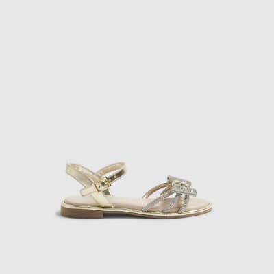Girls Gold Diamante Strappy Bow Sandals
