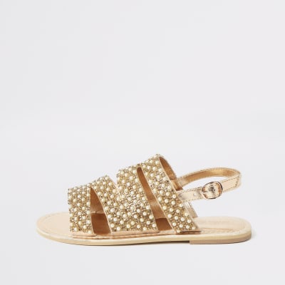 Girls gold embellished strappy sandals | River Island