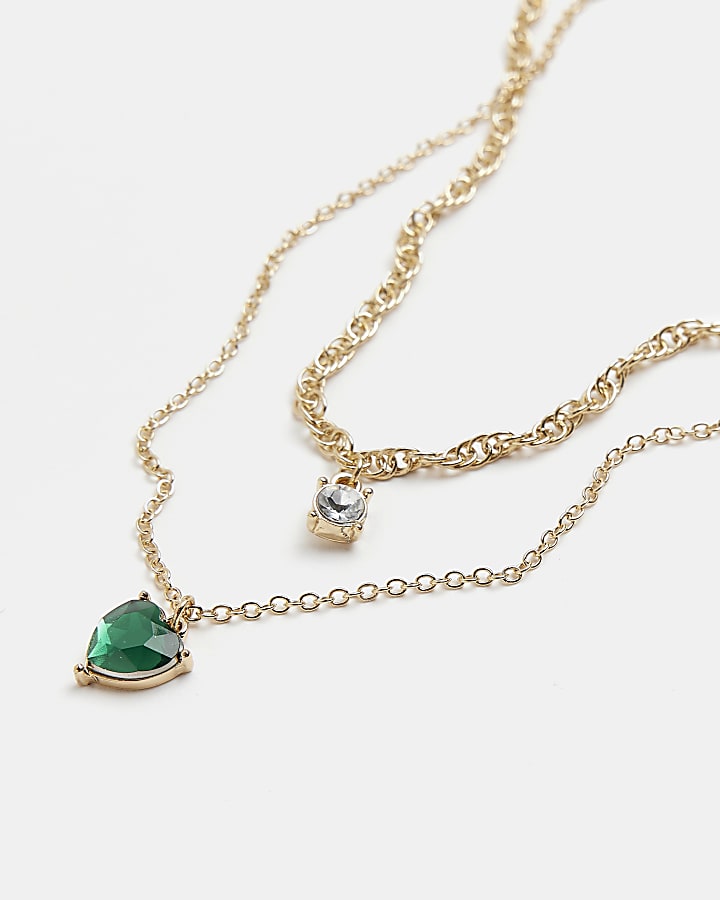 Girls Gold EMERALD HEART Layered Necklace