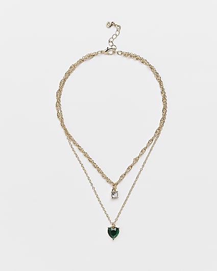 Girls Gold EMERALD HEART Layered Necklace