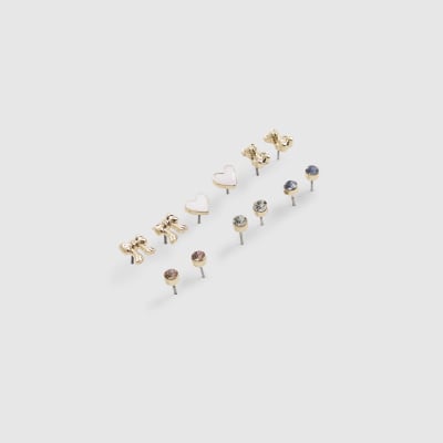 Girls Gold Heart Stud Earrings Pack of 6