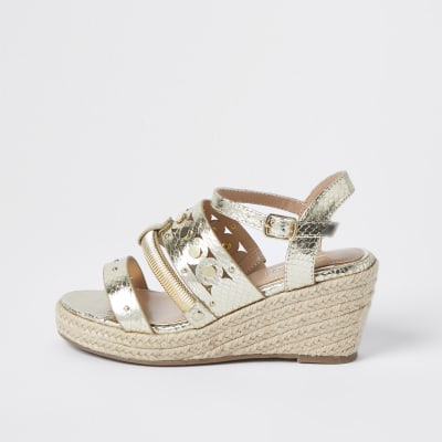 Girls gold mixed metal wedge sandals | River Island