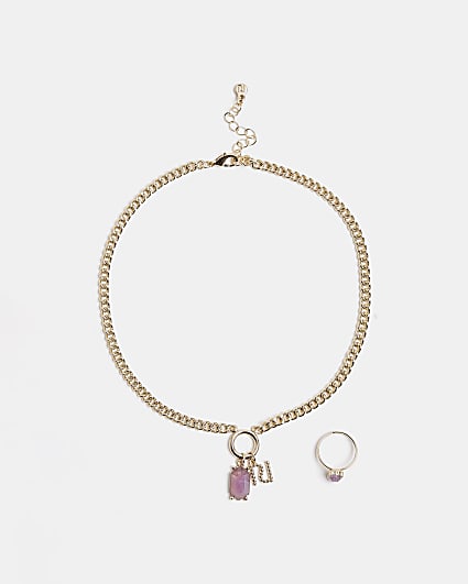 Girls gold purple stone necklace and ring set