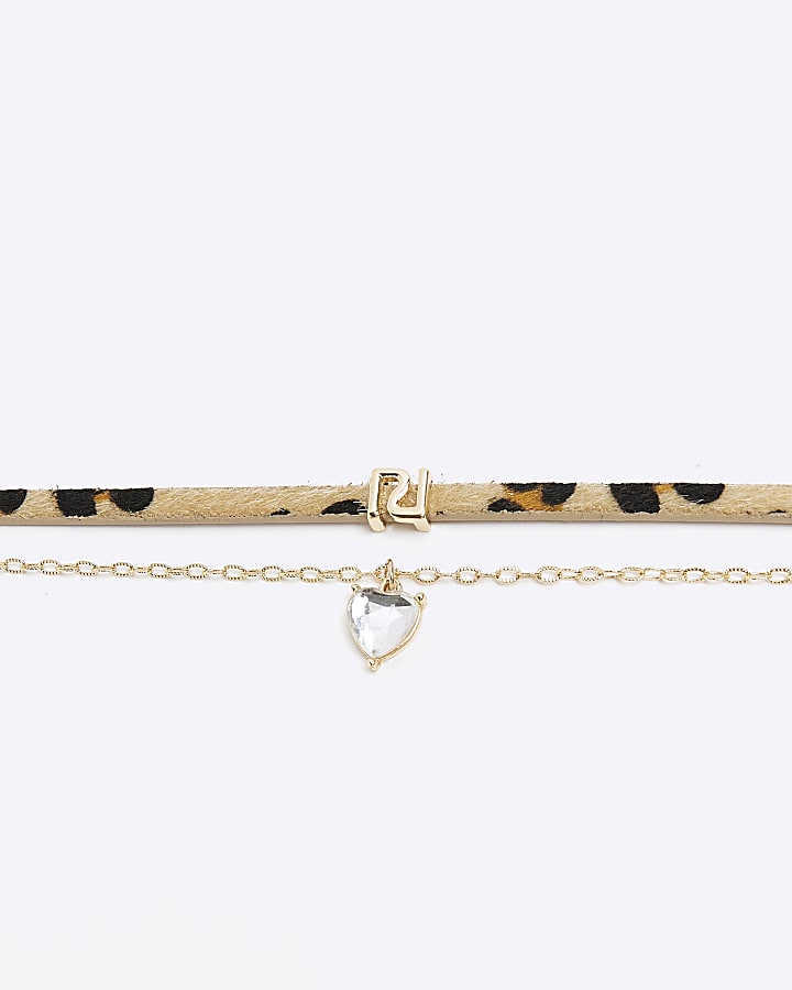 Girls Gold RI Leopard Heart Choker Necklace