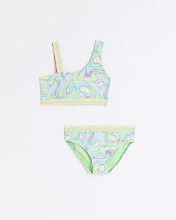 Girls green asymmetric printed bikini