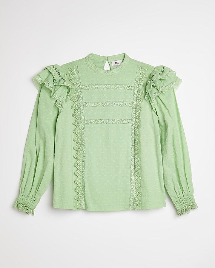 Girls green broderie lace blouse
