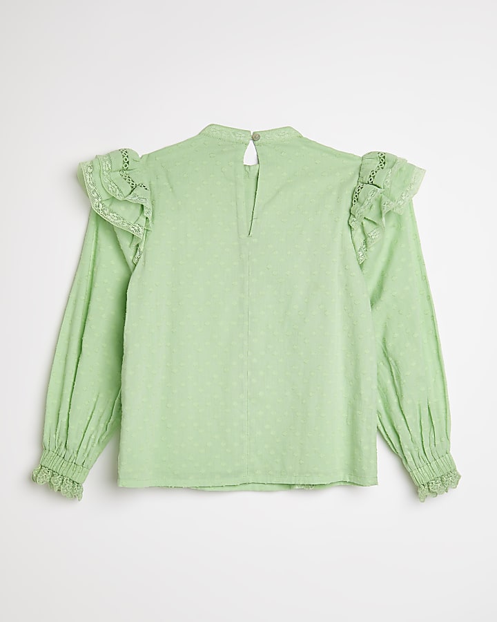 Girls green broderie lace blouse