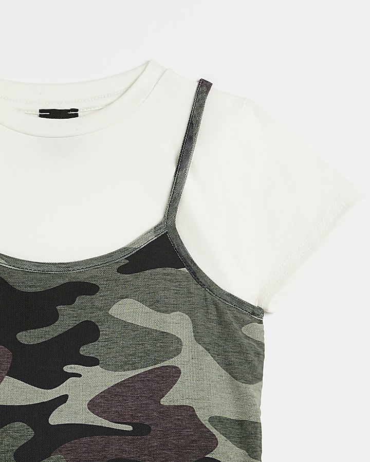 Girls Green Camo 2 in 1 Cami and T-shirt