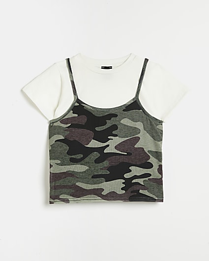 Girls Green Camo 2 in 1 Cami and T-shirt
