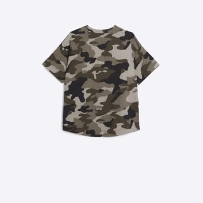 Girls Green Camo Print T-shirt