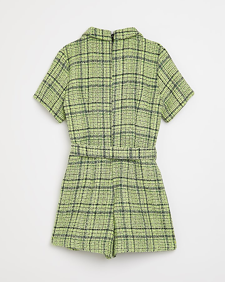 Girls green check boucle playsuit