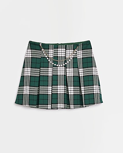 Girls Green check Chain Pleated Skirt