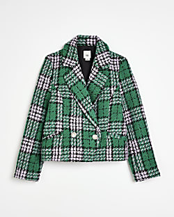 Girls green check double breasted blazer