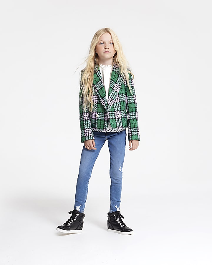 Girls green check double breasted blazer