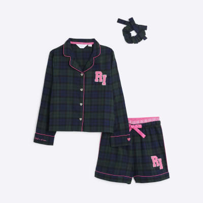 Girls Green Check Pyjama and Scrunchie Set River Island