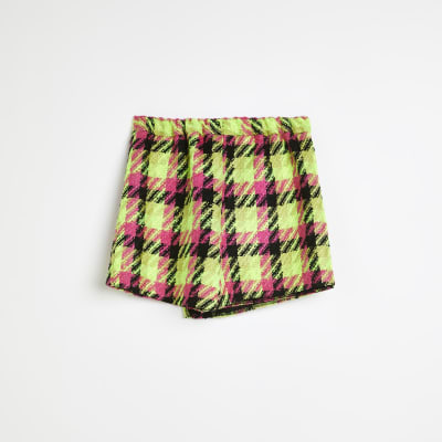 Girls Green Check Wrap Boucle Skort