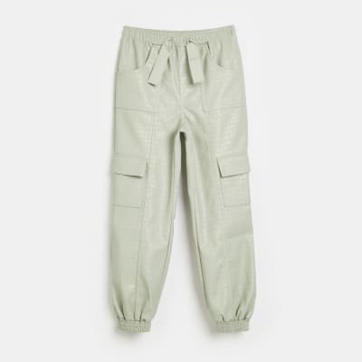 green faux leather joggers