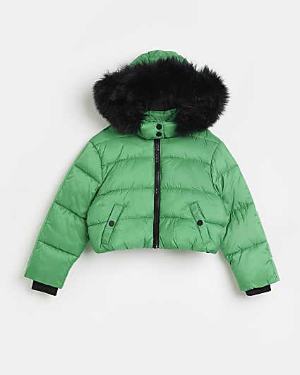 Girls green cropped hooded puffer jacket