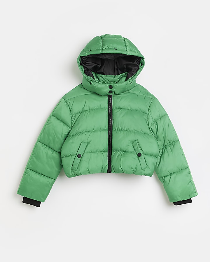 Girls green cropped hooded puffer jacket