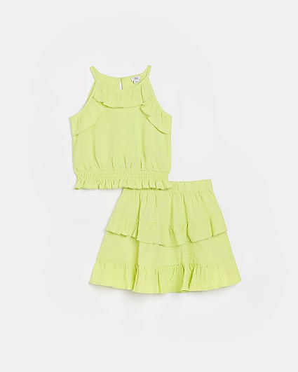 Girls green cropped shirred skirt set