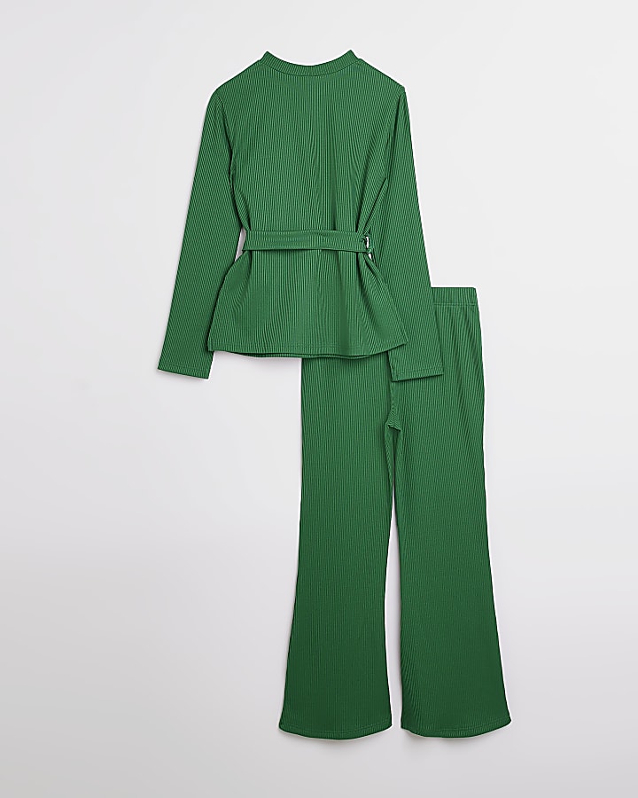 Girls Green Cut Out ribbed Belted Set
