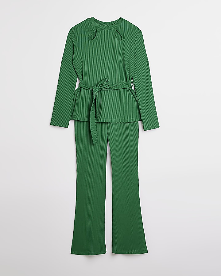 Girls Green Cut Out ribbed Belted Set