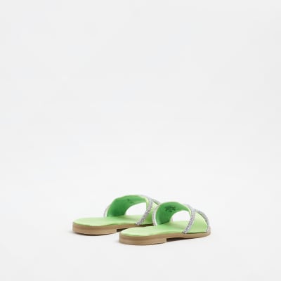 Girls green diamante sliders