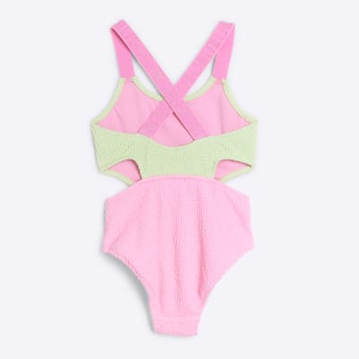 Girls Green Elastic Colour Block Swimsuit