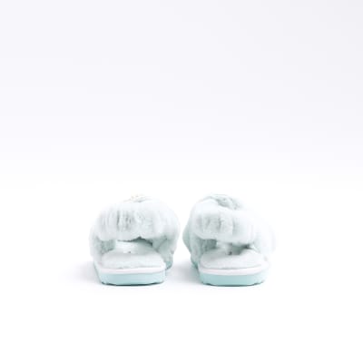 Girls Green Faux Fur Embellished Slippers River Island