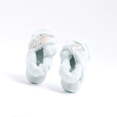 Girls Green Faux Fur Embellished Slippers River Island