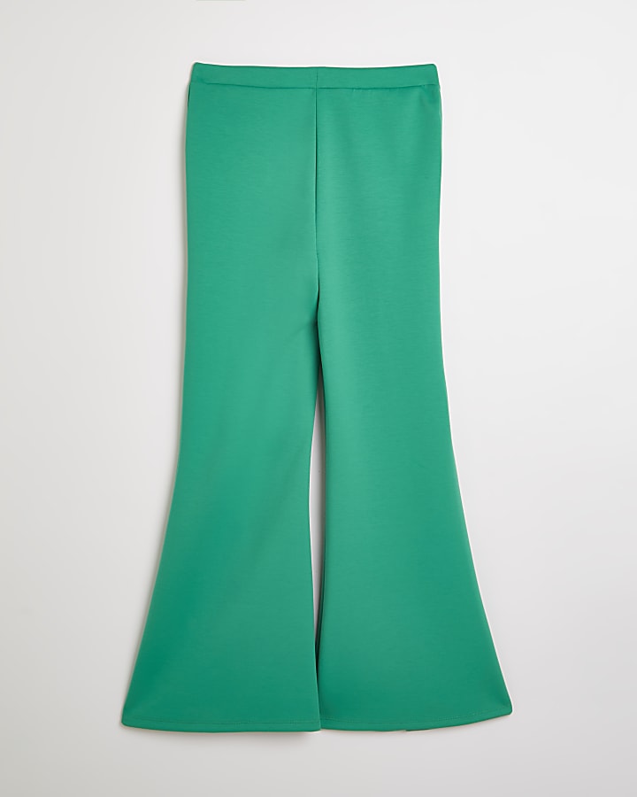 Girls green flare split hem trousers
