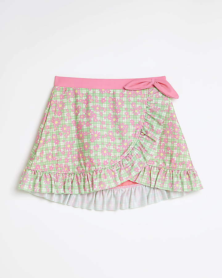 Girls green floral gingham swim skirt