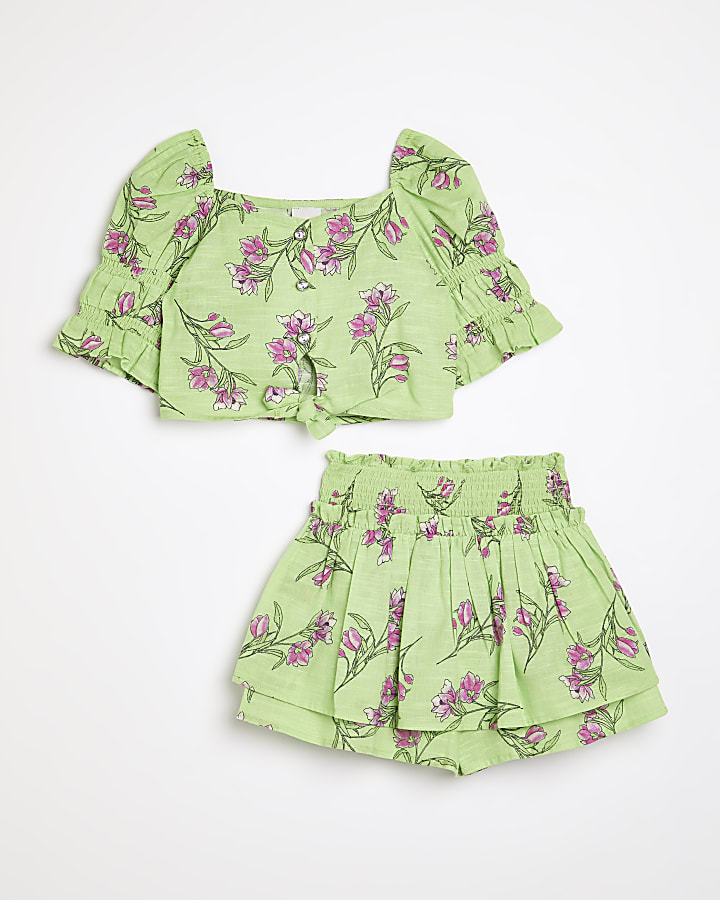 Girls green floral top and skirt outfit