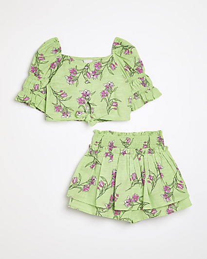 Girls green floral top and skirt outfit