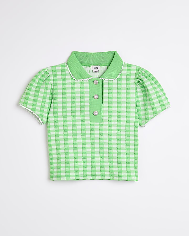 Girls green gingham polo shirt