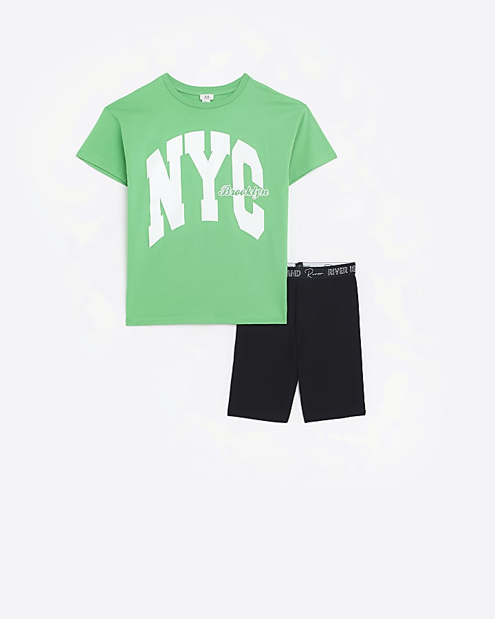 Girls Green graphic Tee and Cycle short Set
