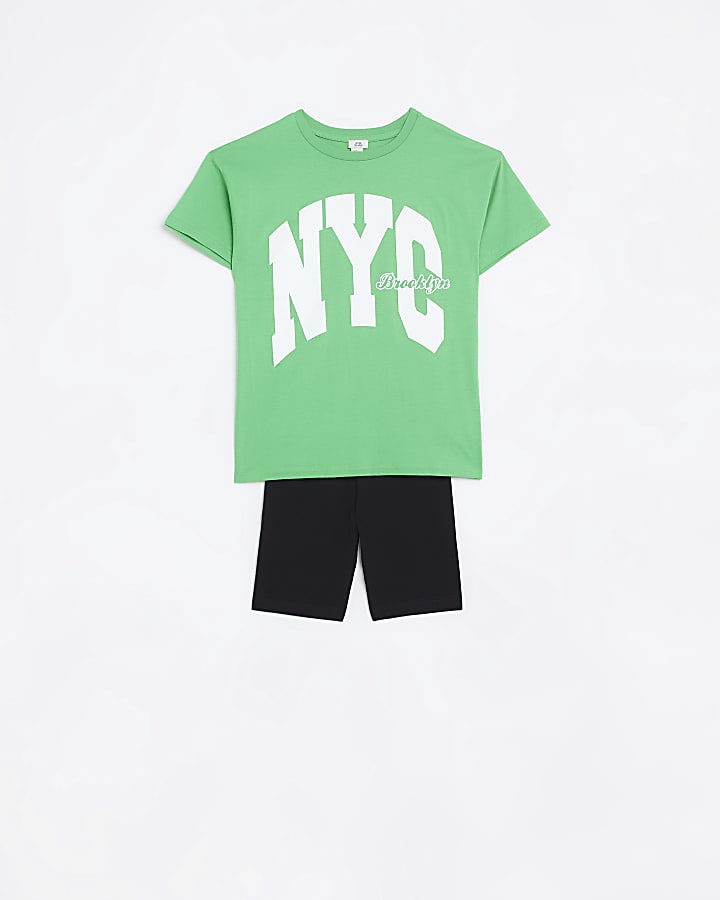 Girls Green graphic Tee and Cycle short Set