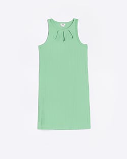 Girls Green Halter Cut Out Ribbed Dress
