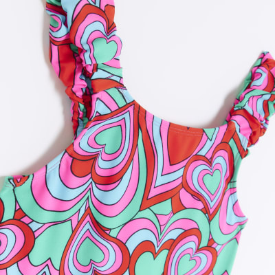 Girls green heart print frill Swimsuit