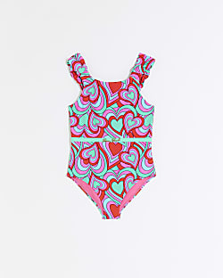 Girls green heart print frill Swimsuit