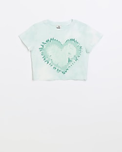 Girls Green Heart Tie Dye crop T-shirt