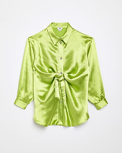 Girls green knot front satin shirt