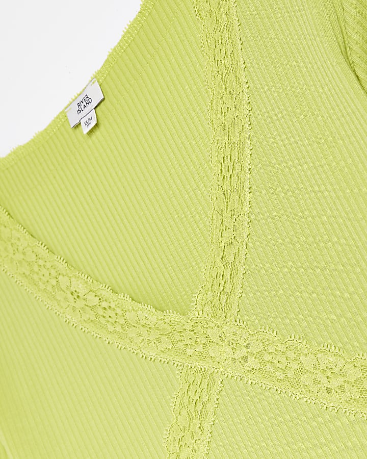 Girls green lace trim ribbed top
