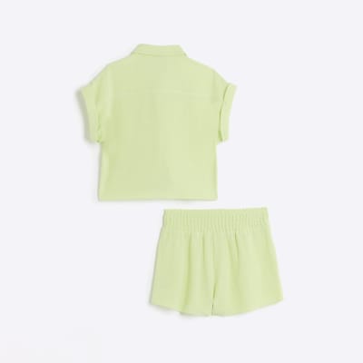Girls green linen blend top and shorts set