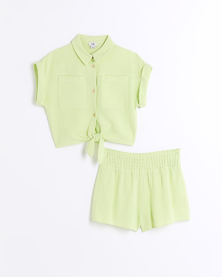 Girls green linen blend top and shorts set