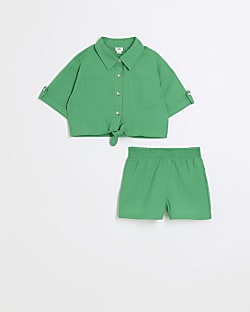 Girls Green Linen shirt and shorts outfit