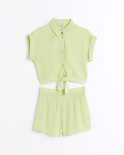 Girls green linen top and shorts set